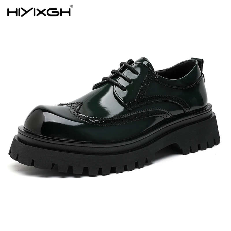 

New Business Leather Men Shoes with Green & Black Thick Bottom Loafers Comfortable Stylish Casual Round Toe Lace-Up Shoes