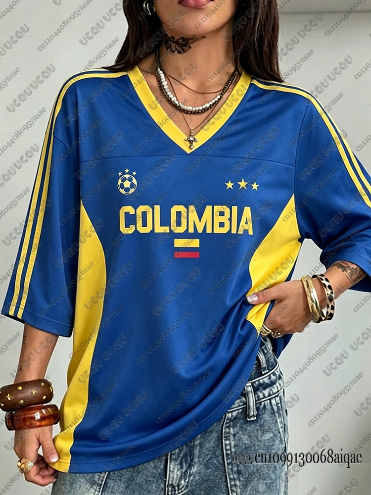 Maillots de football respirants pour sports de plein air d'été, imprimés en 3D, Colombie Brésil Portugal, t-shirts décontractés unisexes à col en V surdimensionnés ﻿