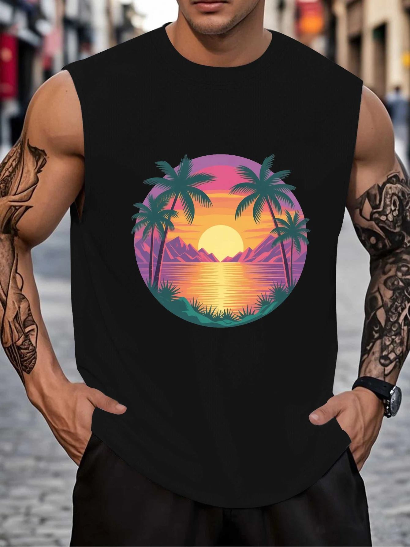 

Men's vest, featuring a tropical sunset design, with a backdrop of calm water.