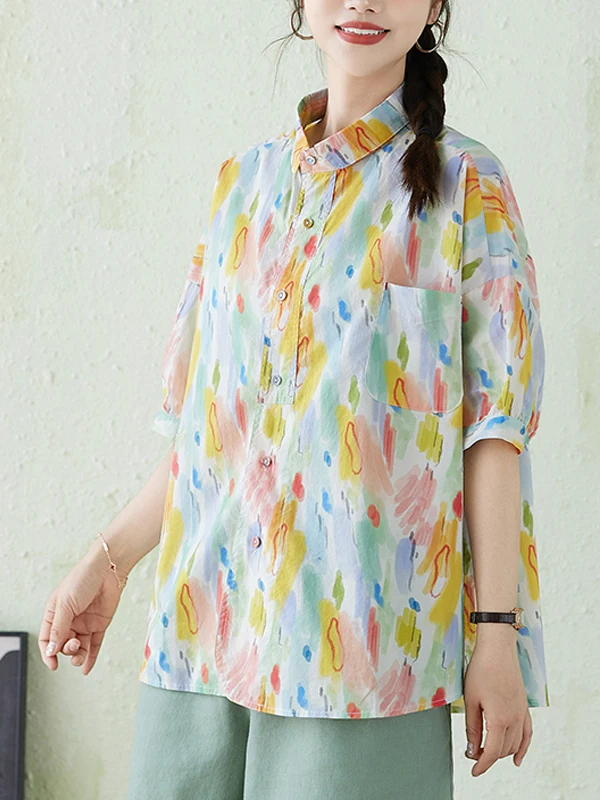

plus Size Women's Doll Collar Shirt Summer Casual Loose Slimming Floral Print Short Sleeve Button up Cotton Polyester Blend