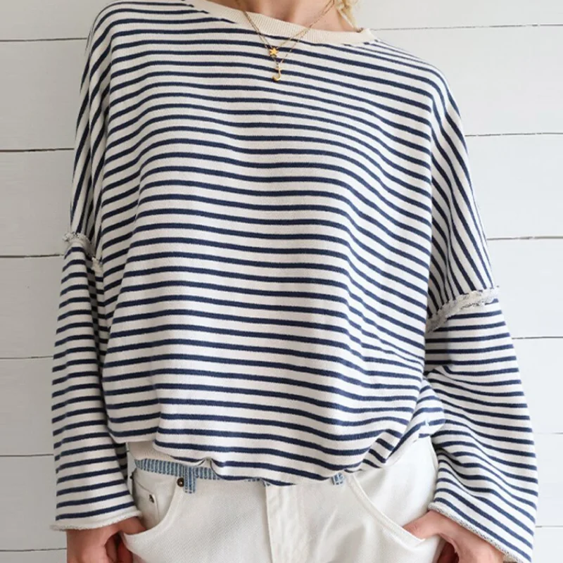 المرأة عادية مخطط الربط القمم كم طويل طاقم الرقبة البلوز الراحة تنوعا موضة هوديي الخريف التنقل الملابس #5