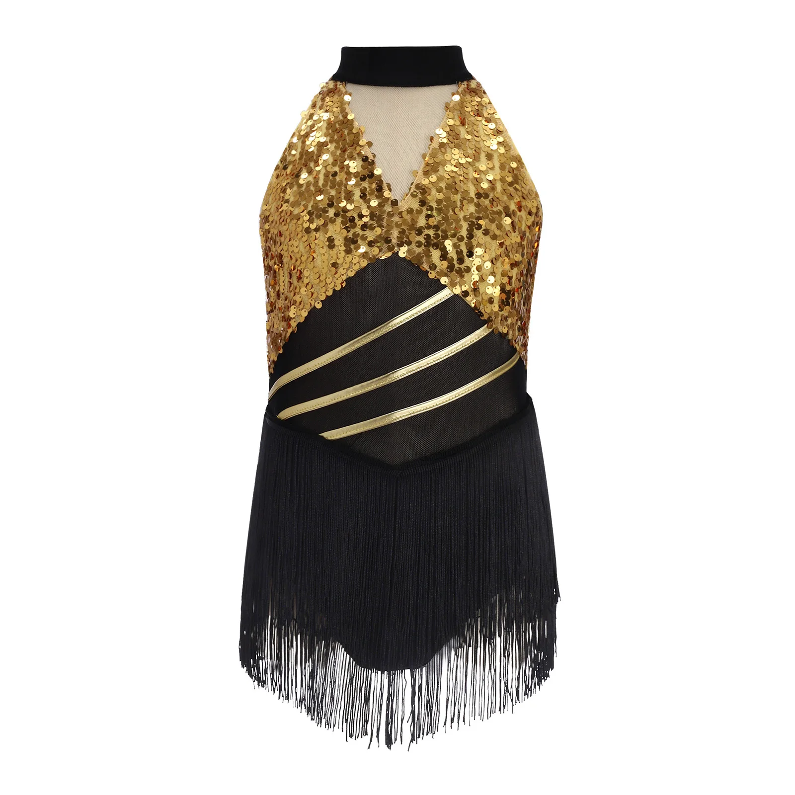 

Kids Girls Tassels Latin Tango Salsa Dance Costume Samba Rumba Outfits Shiny Sequins Halter Sleeveless Mesh Leotard Dancewear
