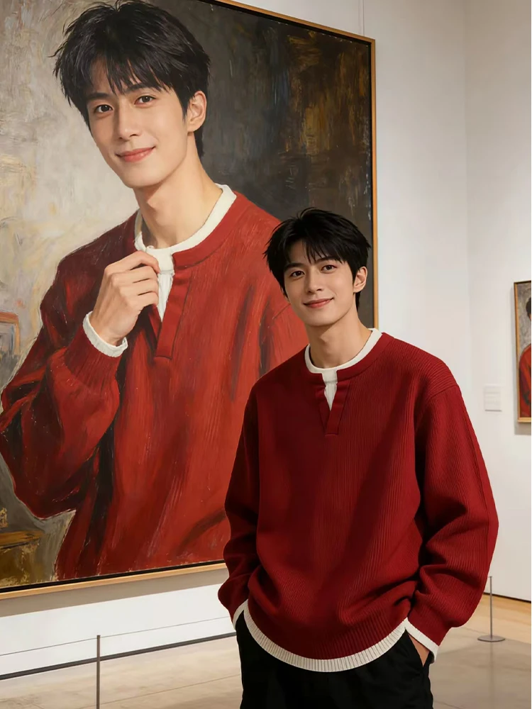 

Красный вязаный свитер мужской, утолщенный, для Нового года, модный, повседневный, средней толщины, с длинным рукавом, с круглым вырезом