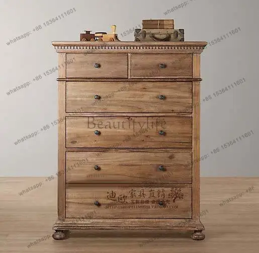 

American country solid wood French retro old 6 chest cabinets, white storage cabinets