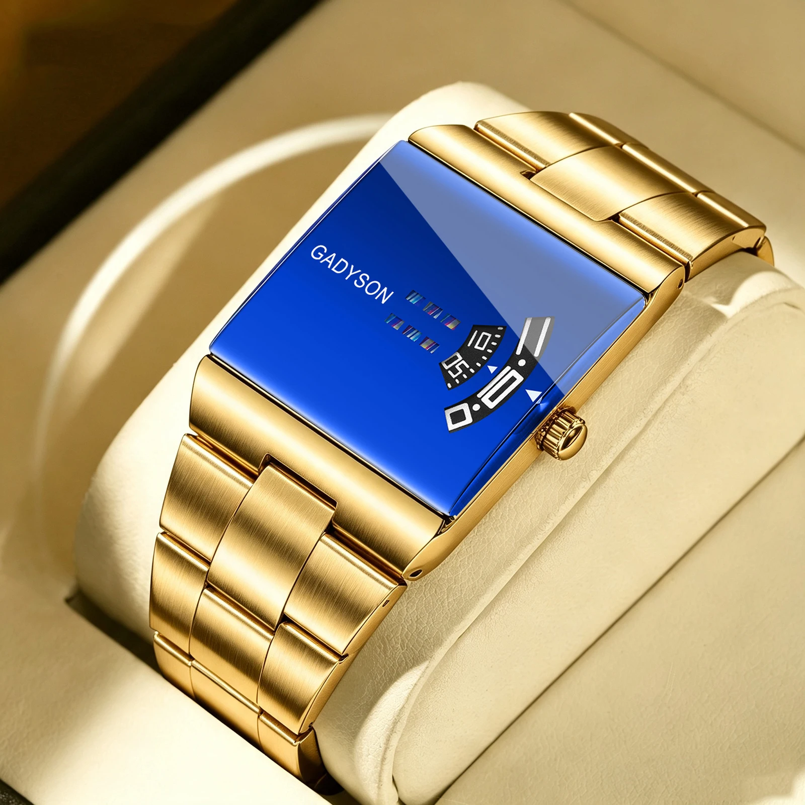 High‑end Square Quartz Watch for Men Blue Glass Dial with Unique Dashboard‑Style Design Stainless Steel Band Business Wristwatch