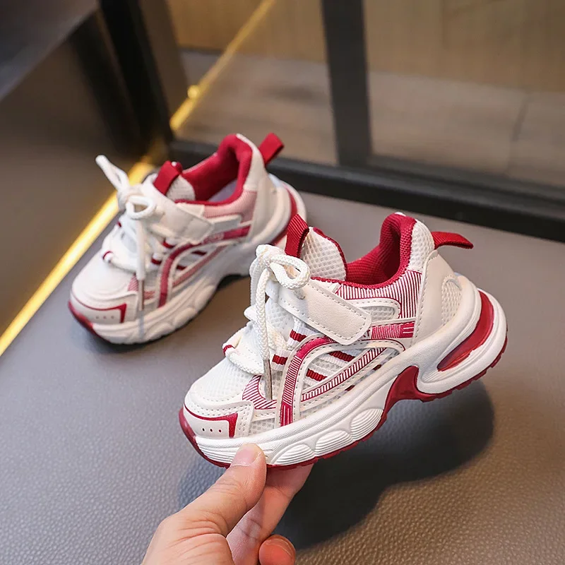 

Color Blocked Children's Mesh Breathable Sports Shoes Lace Up Decoration Hook Loop Boy Girl Soft Thick Sole Non Slip Outdoor