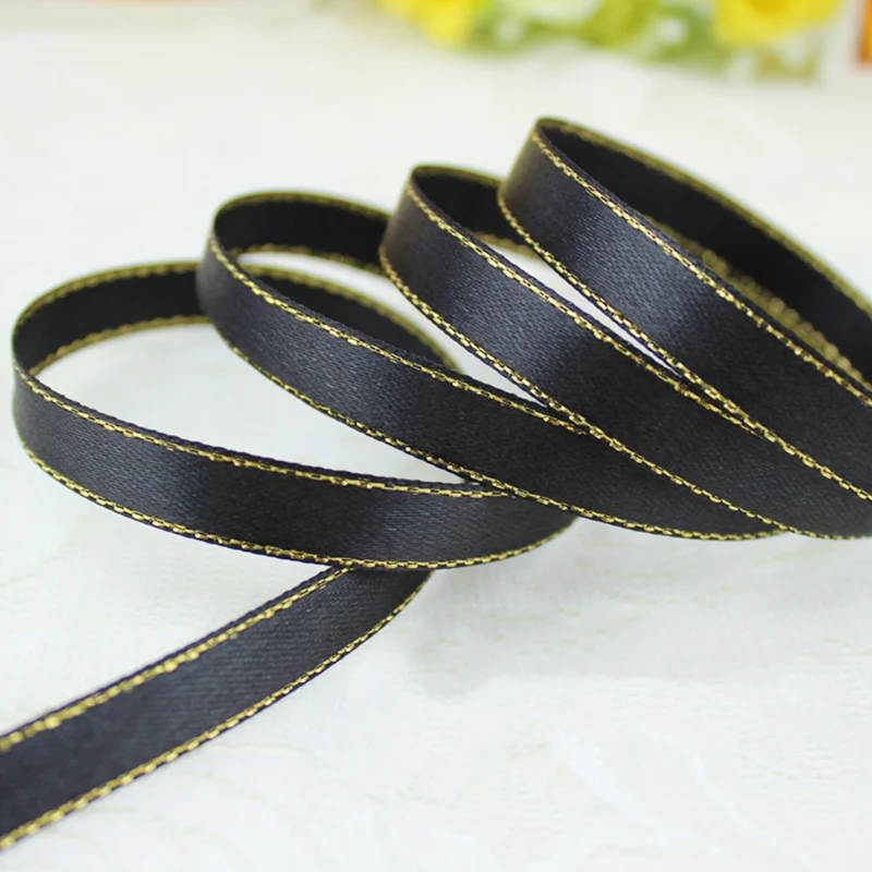 (25 yards/lot)3/8\'\' (10mm) satin ribbons black golden edge ribbon wholesale high quality gift packaging ribbons
