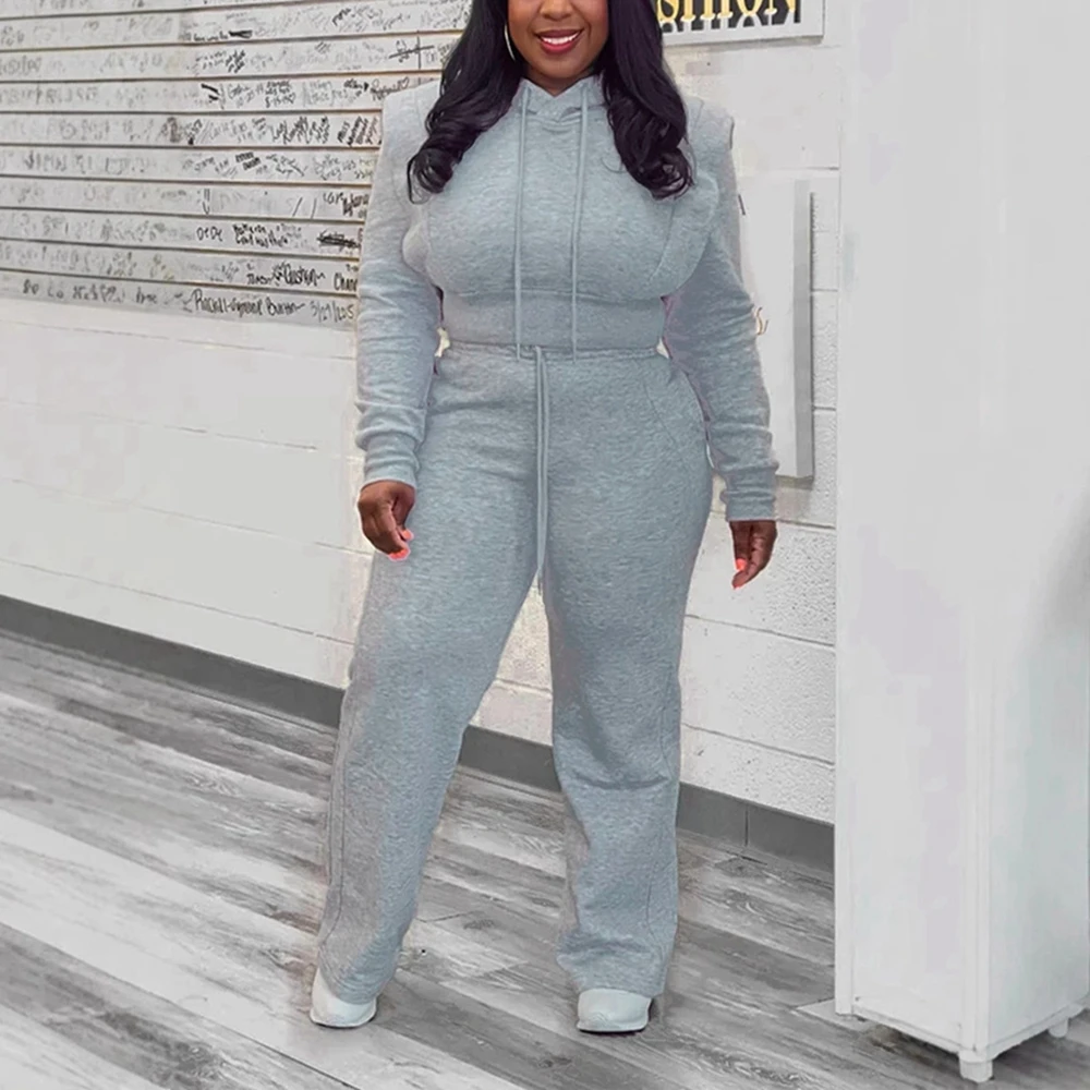 Setelan Hoodie Kasual Wanita & Celana Lebar dengan Tali Serut Atasan Pullover Pendek Solid Setelan Olahraga 2 Potong Tracksuit