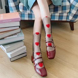 Red Heart Embroidery Kawaii Princess Socks Summer Ultra-thin Transparent Mesh Lace Socks Sweet Girl Black White Loose Long Socks