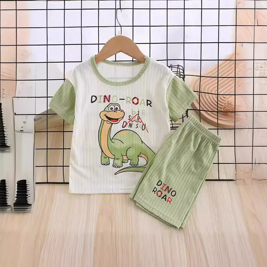 Pijama respirável para meninos e meninas dinossauro dos desenhos animados, camiseta de manga curta, tops com shorts, conjuntos de roupas infantis, verão, 2022