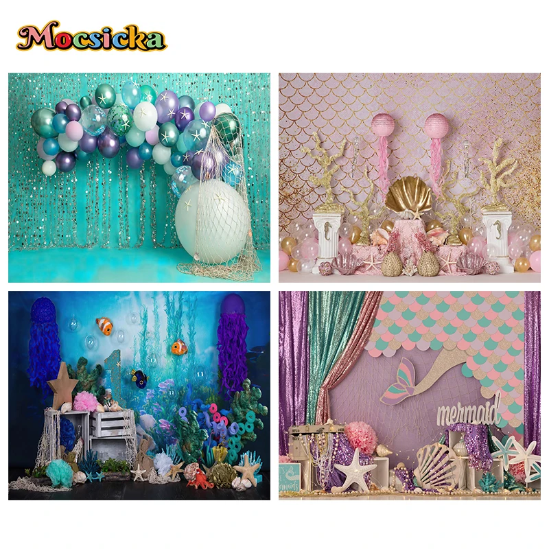 Mocsicka Mermaid Decoration Photography Background Balloon Shell Submarine Baby One Birthday Party Backdrops Studio Photobooth