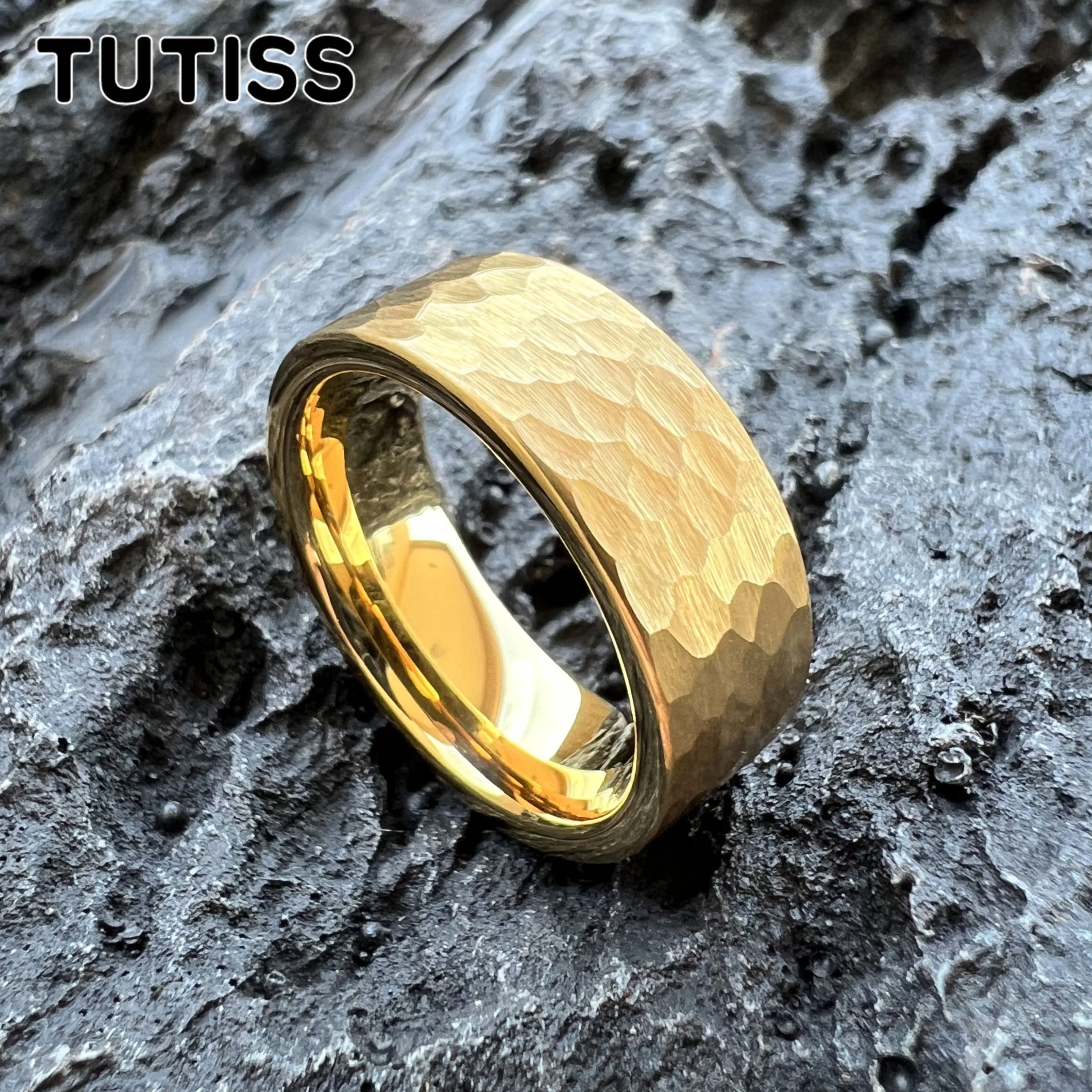 TUTISS 6/8mm Cool Black Hammer Ring Men Women Tungsten Engagement Wedding Band Pipe Cut Comfortable Fit