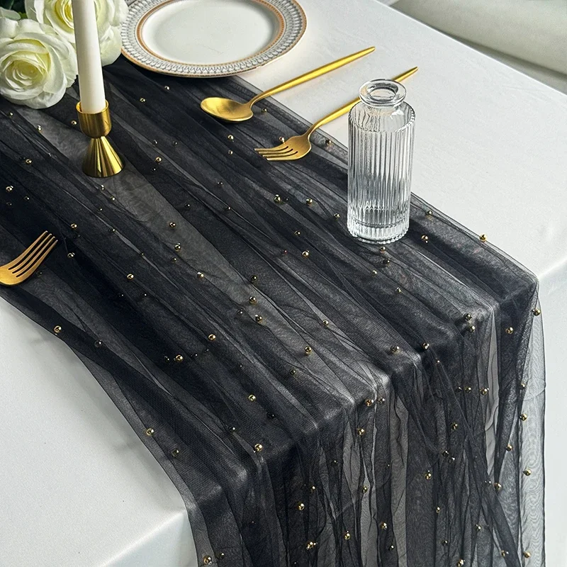Pearl Table Runner 29x120Inch Wedding Red Christmas Green Halloween Black Orange Tablecloth Party Tulle Dessert Table Decor 3