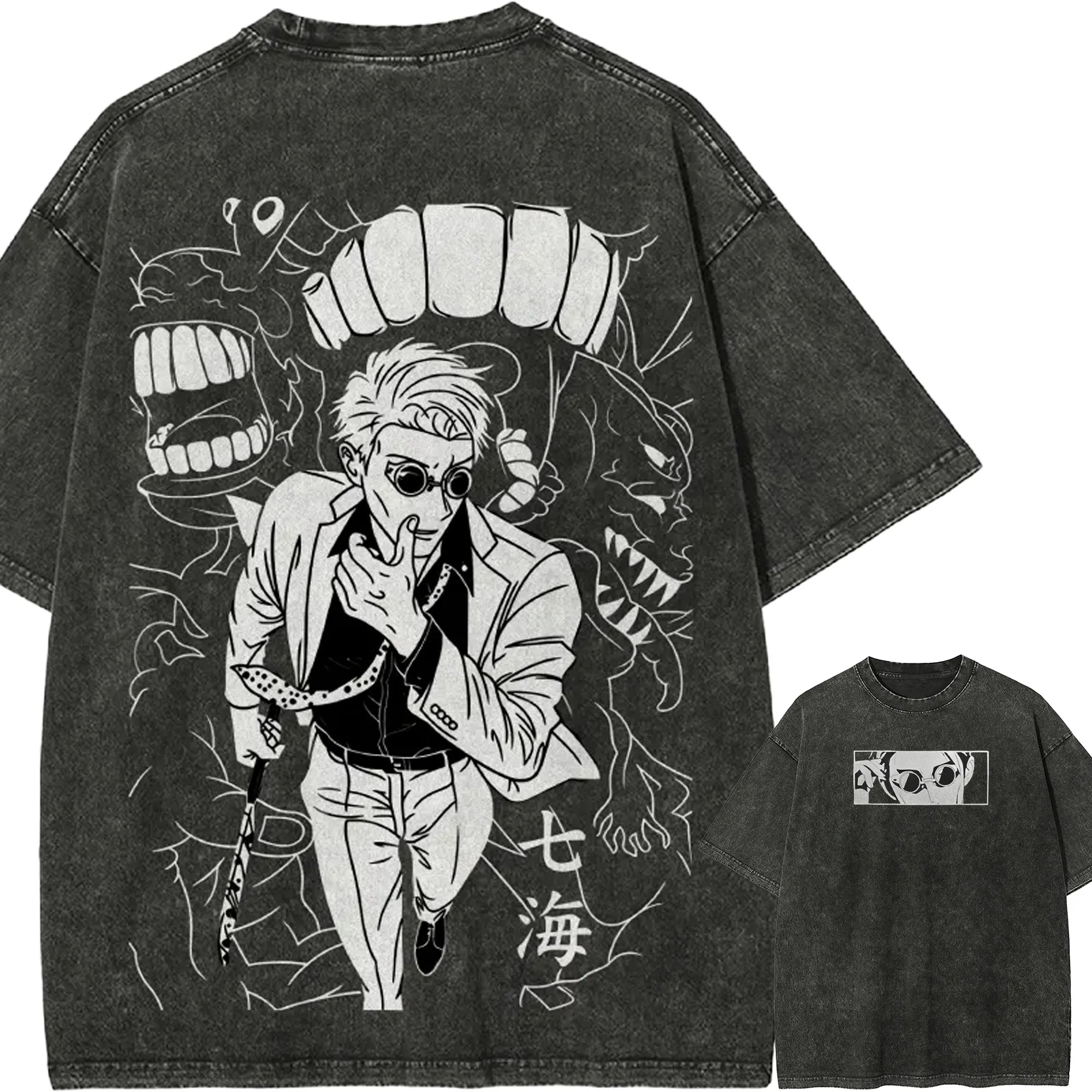 

Футболка Kento Nanami Jujutsu Kaisen Overtime Button Tee, винтажная, с эффектом потертости, оверсайз, в стиле аниме, Harajuku, ретро, уличная одежда, мужская одежда