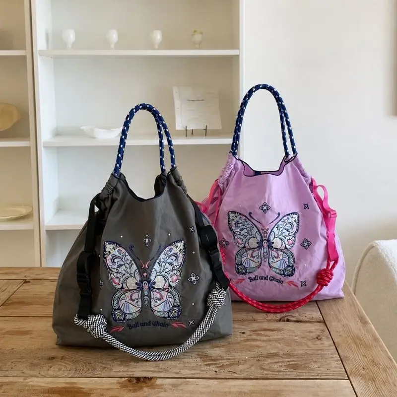 New Style Women's Handbag with Embroidered Butterfly, Bohemian Style, Large Capacity Shoulder Bag, Hand-Held Shopping Bag, Lightweight Foldable Bag for All Seasons - view 5