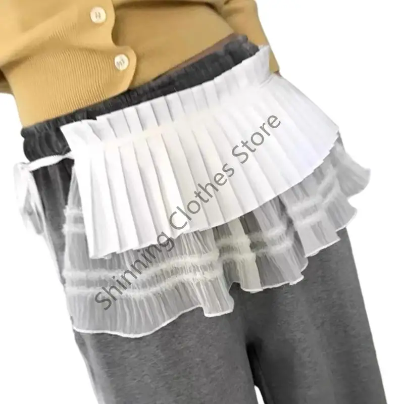 M68A طبقة مزدوجة الدانتيل مطوي تنورة الورك تنورة الخصر للنساء المراهقات الزي اليومي