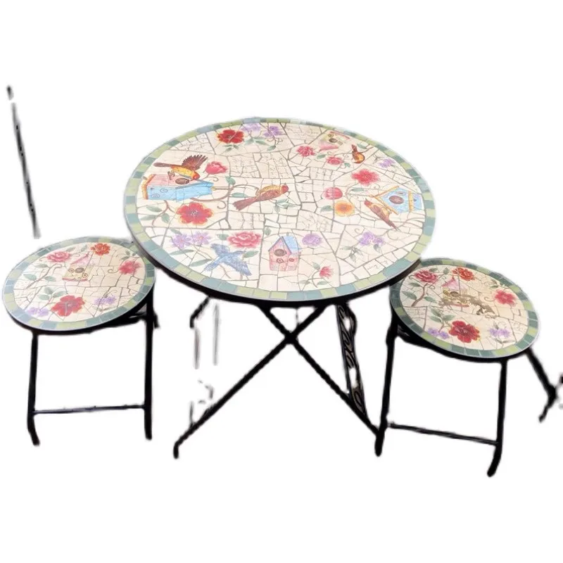 Featured Art Multi-style Patio Balcony Table and Chair Kit, Handmade Porcelain Mosaic Craft Foldable