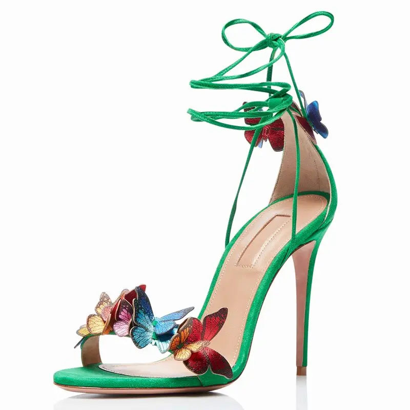 

Sandals Lace Butterfly Decoration Open Toe Cover Heel Mix Color Small Butterfly Sandals Green Red Shoes Footwear Size 42