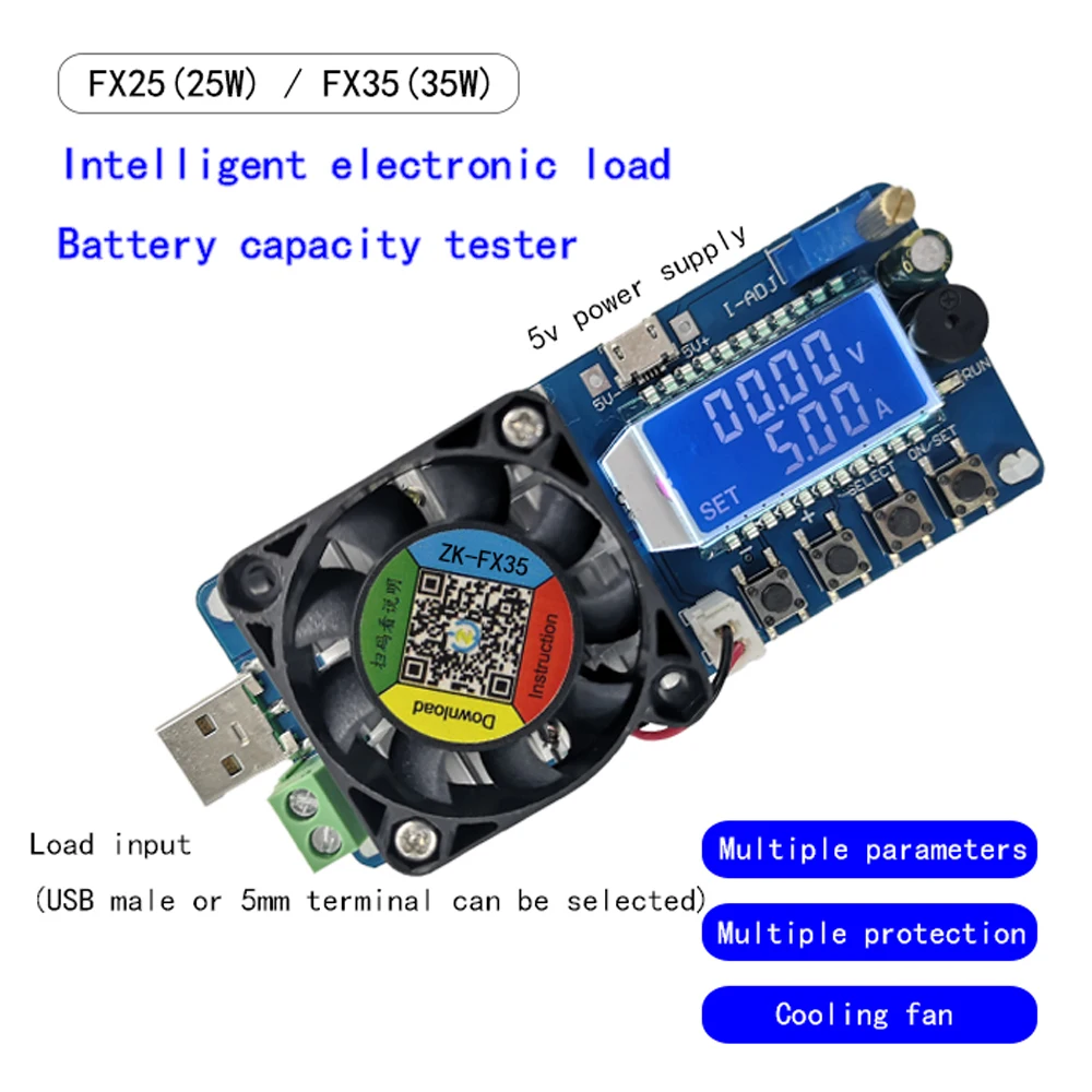 Testeur de puissance de tension de courant de charge électronique, courant constant, protection USB, LCD, HD, réglable, déchargeur 02/10/2018, 25W, 35W, 4A, 5A