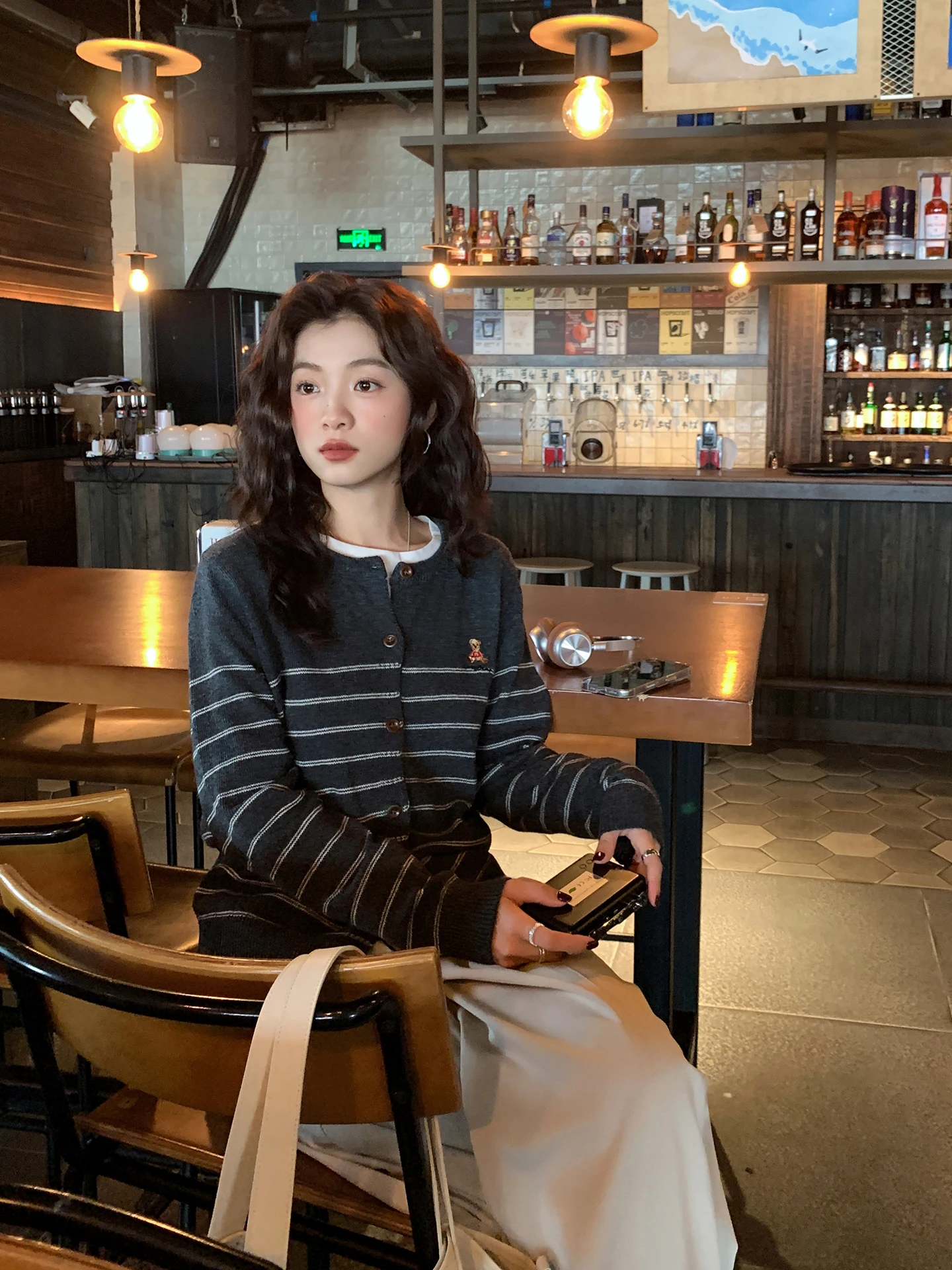 

ay Striped Knitted Open Cardigan Loose Fit Embroidered College Sle Long Sve round Ne Sweater Outerwear for Women