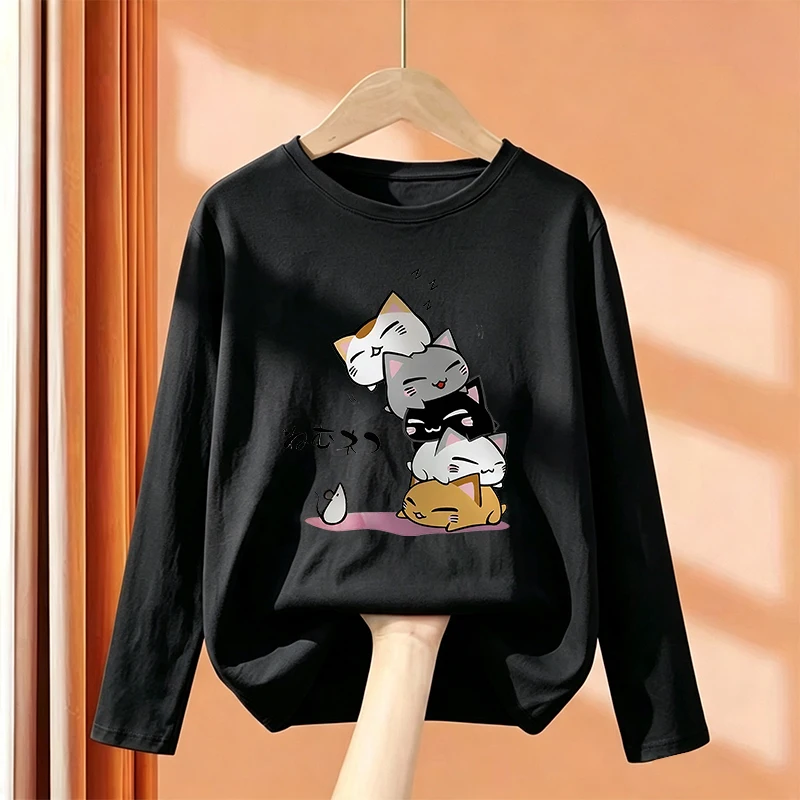 Cartoon Anime Cat Long Sleeve Kawaii Japanese Cat T Shirts Kids Children T-shirt Graphic Boys Girls Autumn Casual Top Tee Shirt