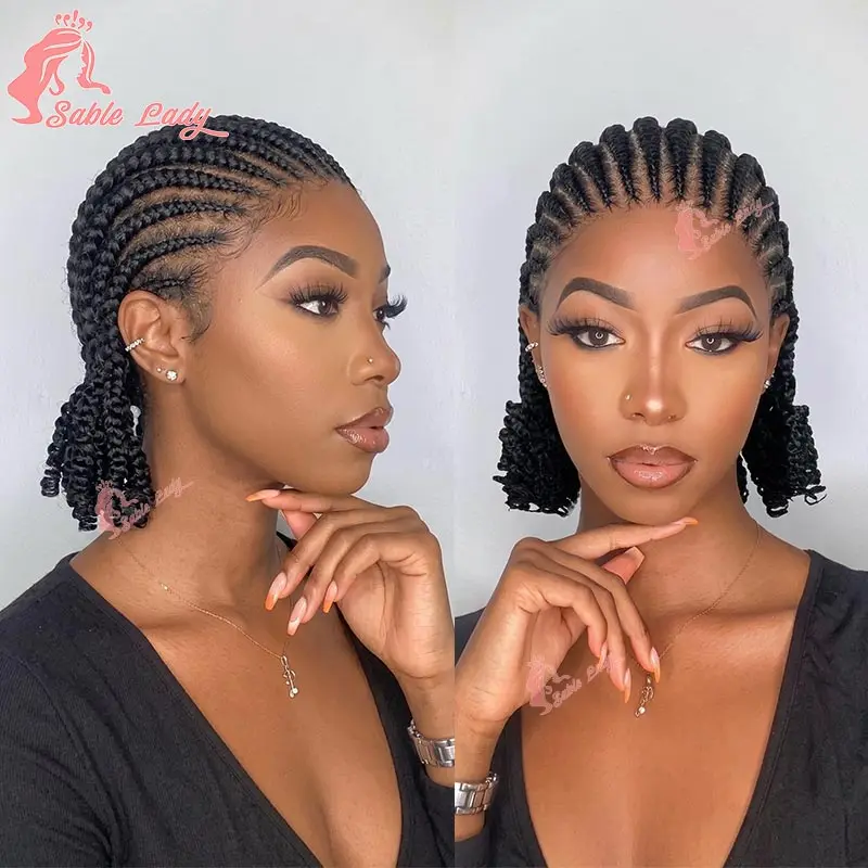 Handmade Short Bob Cornrow Braided Wigs Synthetic Glueless HD Full Lace Knotless Box Braided Wig With Curly Ends