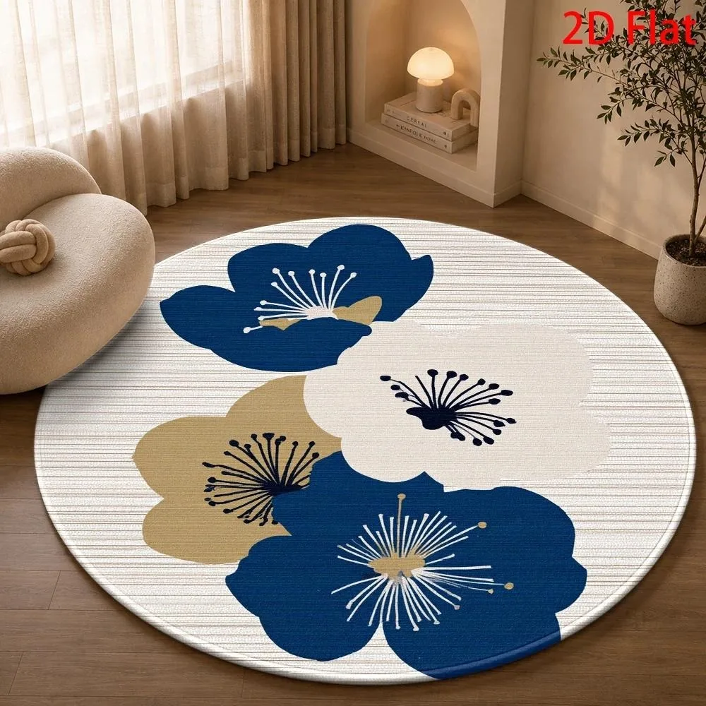 Modern Botanical Round Carpet Denim‑Blue Large Dandelion Floral Burst Textured Print Circular Floor Rug for Living Room Bedroom