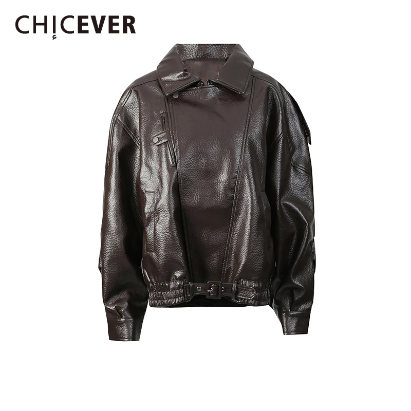 

CHICEVER однотонная кожаная куртка с поясом, женская свободная уличная одежда с лацканами и длинными рукавами, винтажные женские куртки, осенняя мода