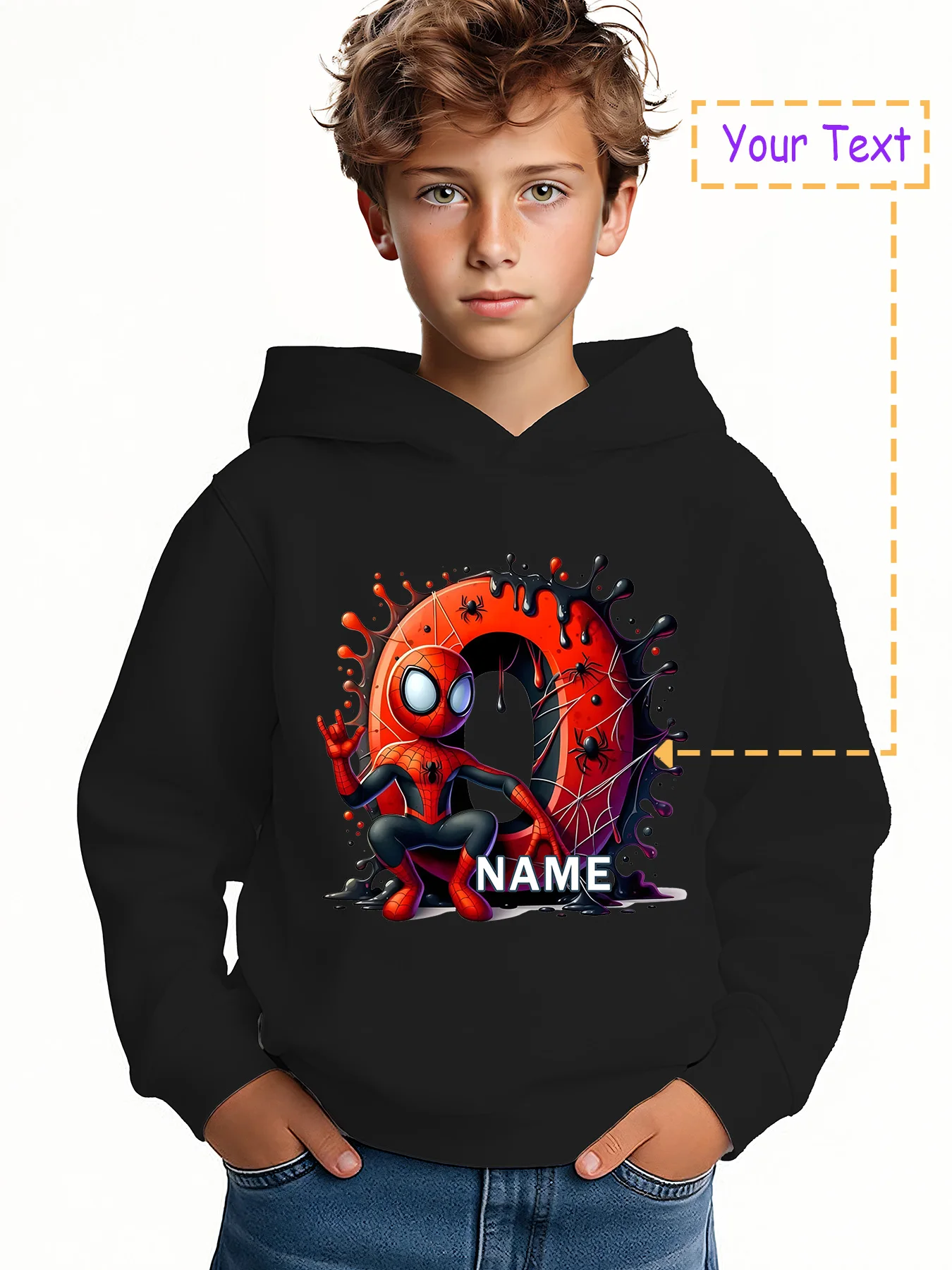 

MINISO Marvel Spider-Man Lettering Custom Hoodie for Kids - A cute Spider-Man with splashed ink letters design. Perfect