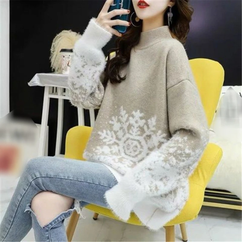 Sweter Wanita Pulover Kepingan Salju Lengan Panjang Atasan Leher Bulat Rajutan Dropship