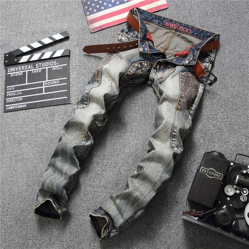 Motorcycle Jeans Men's Retro Distressed Stitching Street Trend Slim Fit Skinny Handsome Cool Men's Skinny Trousers