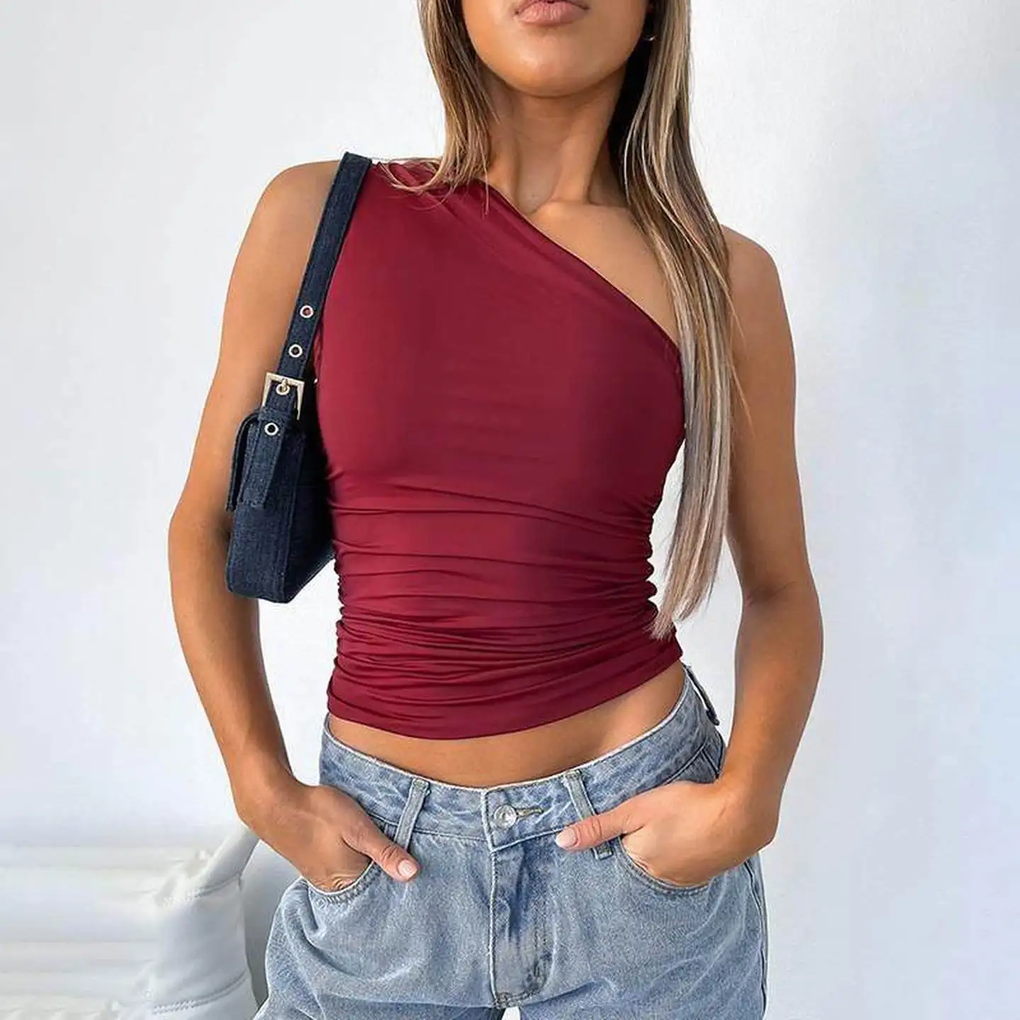 Women's Single Shoulder Open Back Pleated Vest Top T-shirt Street Style Summer Fashion Ladies' Sleeveless Pure Color Polyeste...
