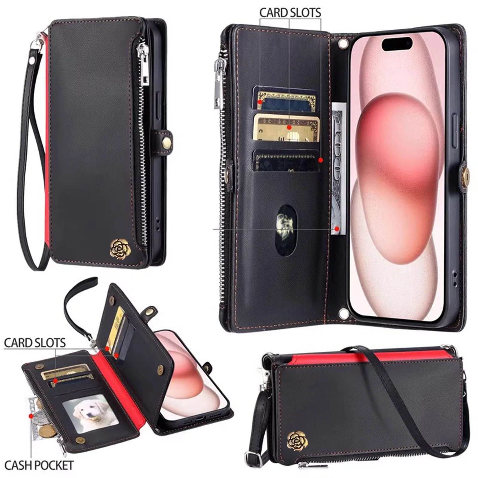 Casing Dompet Ritsleting Selempang untuk Motorola Moto G86 G56 G85 G55 G35 G15 G05 G84 G54 G34 G24 G14 Sampul 3 Kartu Kulit Camellia