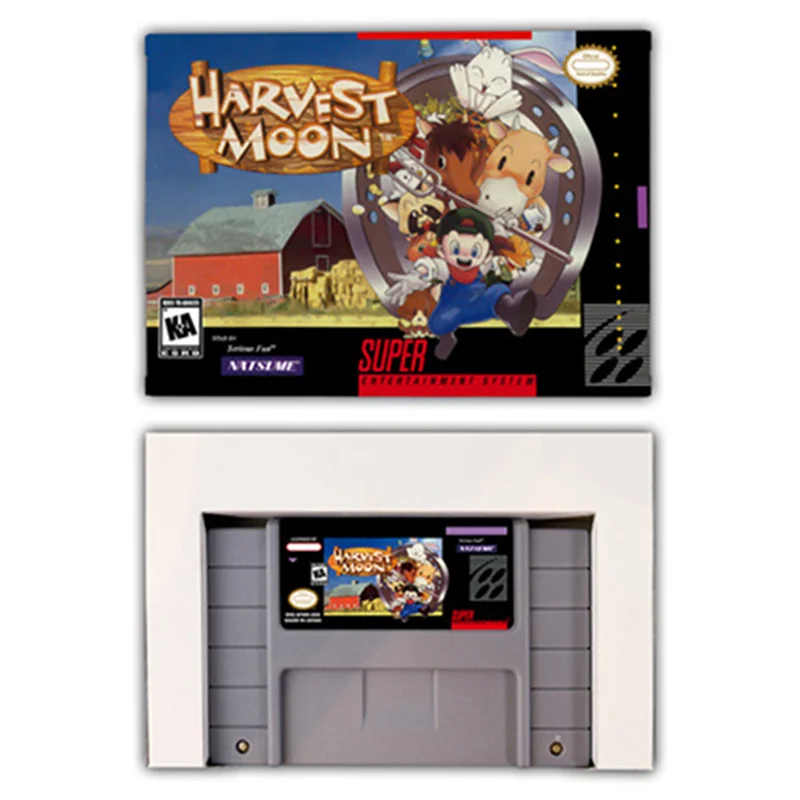 بطاقة لعبة حصاد القمر RPG ، SNES ، EUR ، PAL ، الولايات المتحدة الأمريكية ، NTSC ، 16 بت ، لوحات المفاتيح مع صندوق البيع بالتجزئة ، خرطوشة