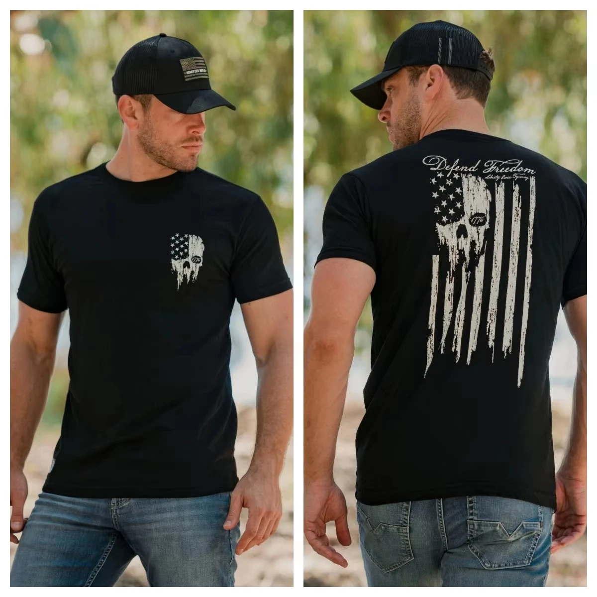 Patriotic Gun Range Tactical Graphic T Shirt Unisex Double Print Large Back Vertical Distressed USA Flag Skull Defend