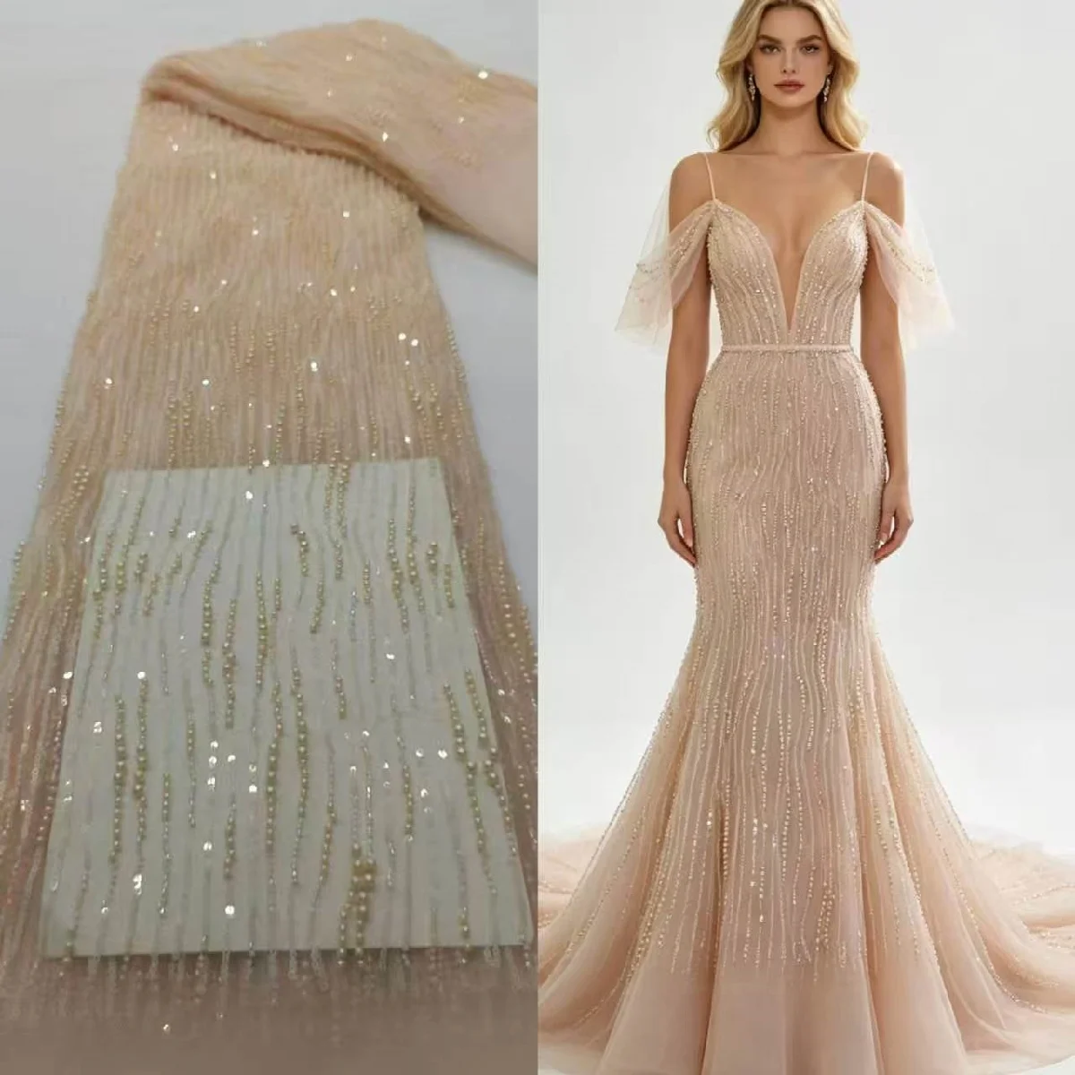 Blush Pink Vertical Beaded Lace Fabric, Champagne Nude Pearl & Sequin Embroidered Tulle, Heavy Beaded Mesh Fabric for Wedding Dr