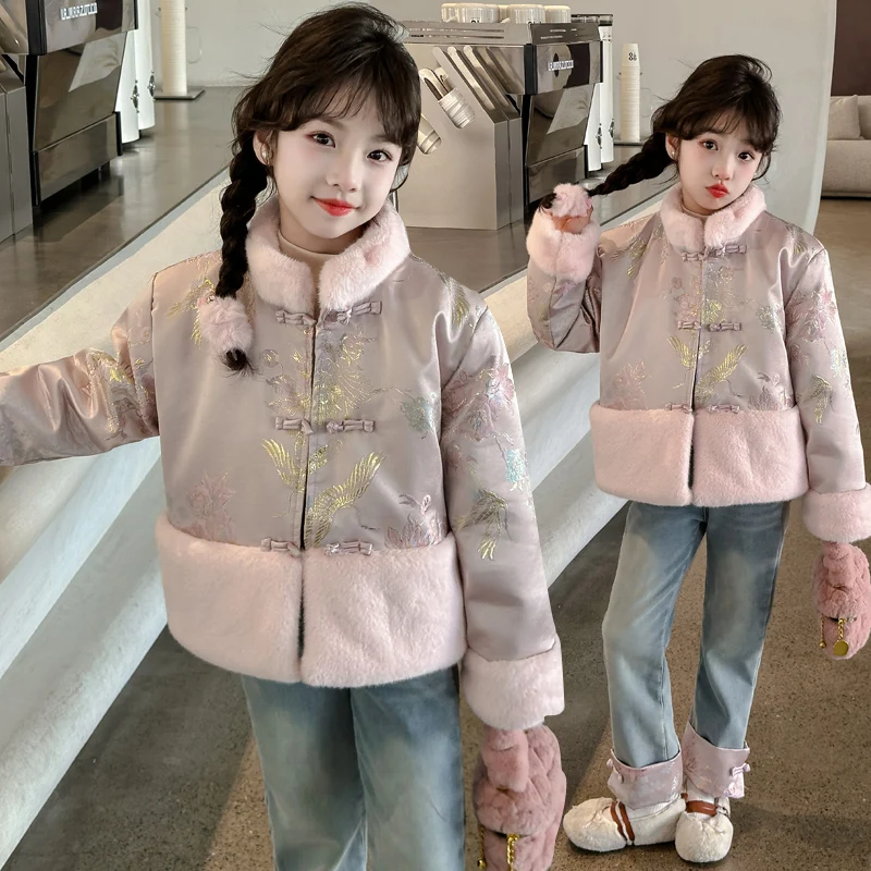 

Chinese's Style Clothes Winter Suit for Girls Pink Flower Cotton Padded Jacket+Jeans Pants Set Tang Costume New Years Kids Wears