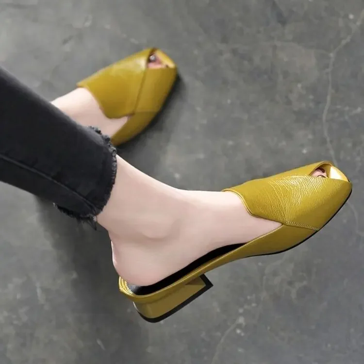 Women Slippers 2022 New Summer Fashion Peep-toe Sexy Shoes Med Heels Chunky Designer Slides PU Leather Sandals Party Flip Flops image 4