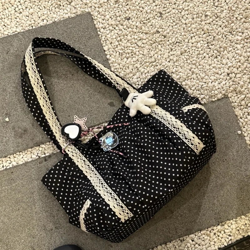 الكورية خمر البولكا نقطة قماش حقيبة كتف المرأة لطيف مقبض الدانتيل حقيبة سعة كبيرة حمل أكياس التخزين عادية ومتعددة الاستخدامات #1