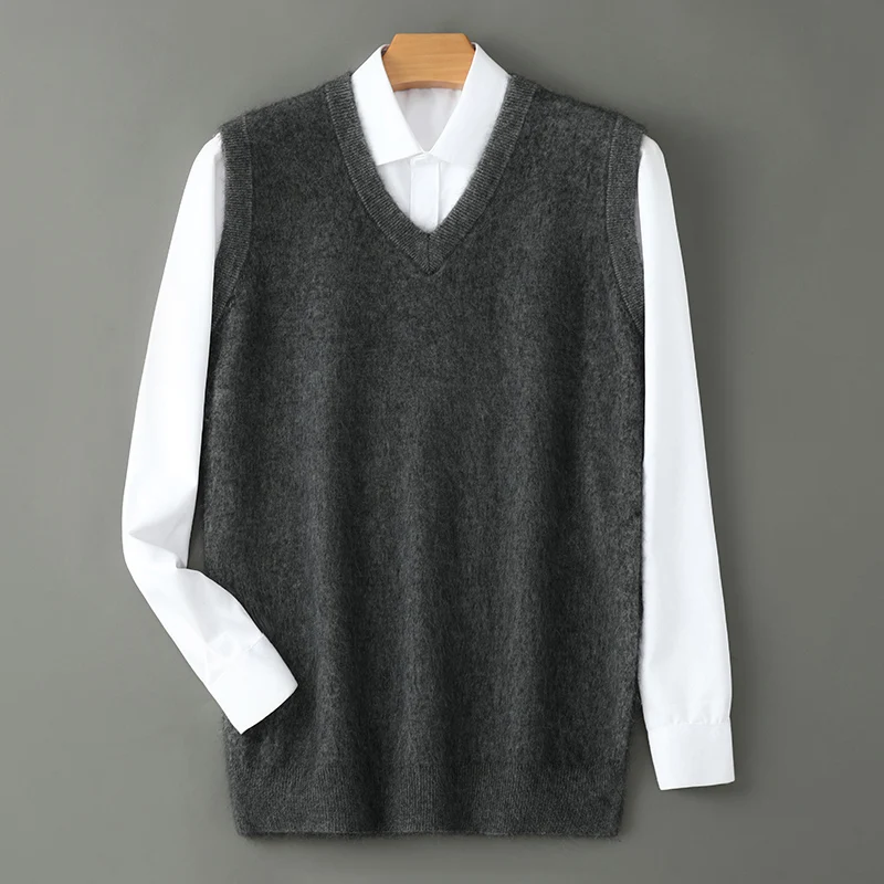 Men V-neck Sweater Vest Pullover Autumn Winter Basic Casual 100% Mink Cashmere Knitted Soft Sleeveless Waistcoat Top