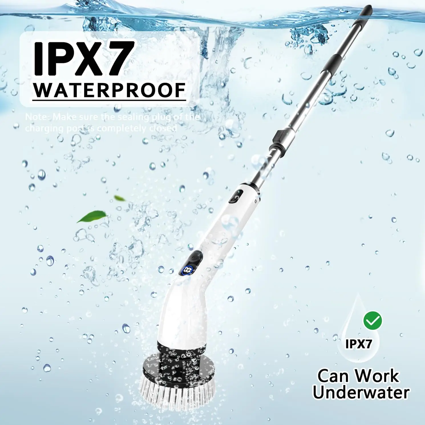 Electric Spin Scrubber, IPX7 Waterproof, LCD Display, Adjustable Handle, Cordless Shower Cleaner for Bath & Kitchen