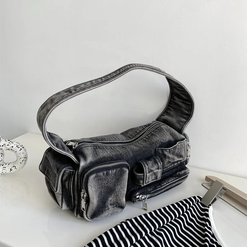 Women Denim Crossbody Bag Casual Large Capacity Shoulder Bag Vintage Solid Color Messenger Bag Multi-Pockets Zipper Commute Bag
