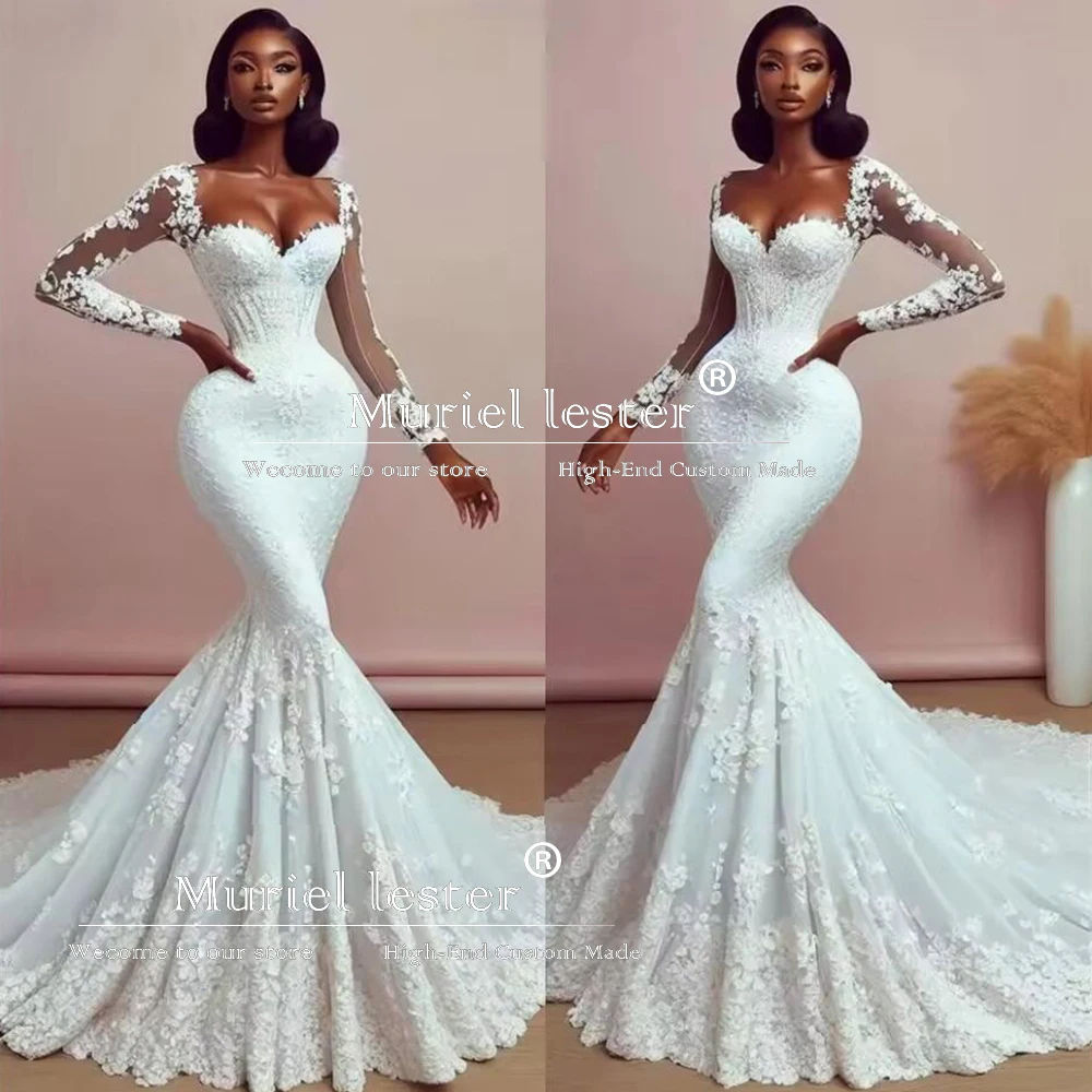 Robes de mariée longues sirène élégantes dentelle appliques robes de mariée pour les filles noires personnalisé Aso Ebi robe de mariée africaine