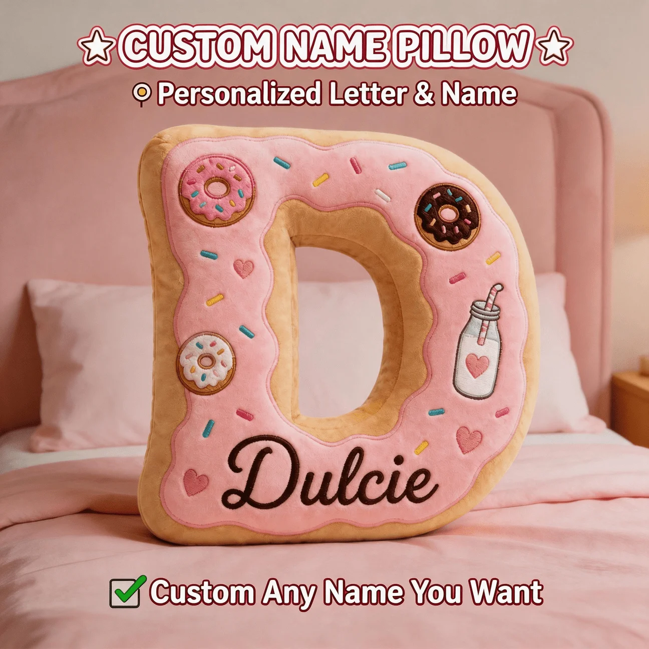 Custom Photo Letter D Shaped Pillow Pink Donut Style Decorative Cushion Personalized Name Text Unique Home Cute Sofa GirlBedroom