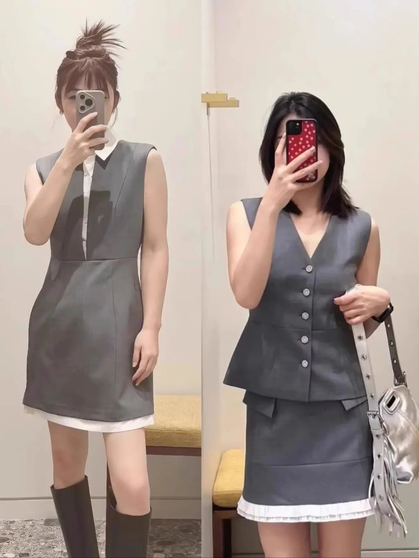 

Весенне-летний женский комплект с контрастными вставками: жилет с V-образным вырезом на одной пуговице + юбка с высокой талией + элегантное мини-платье