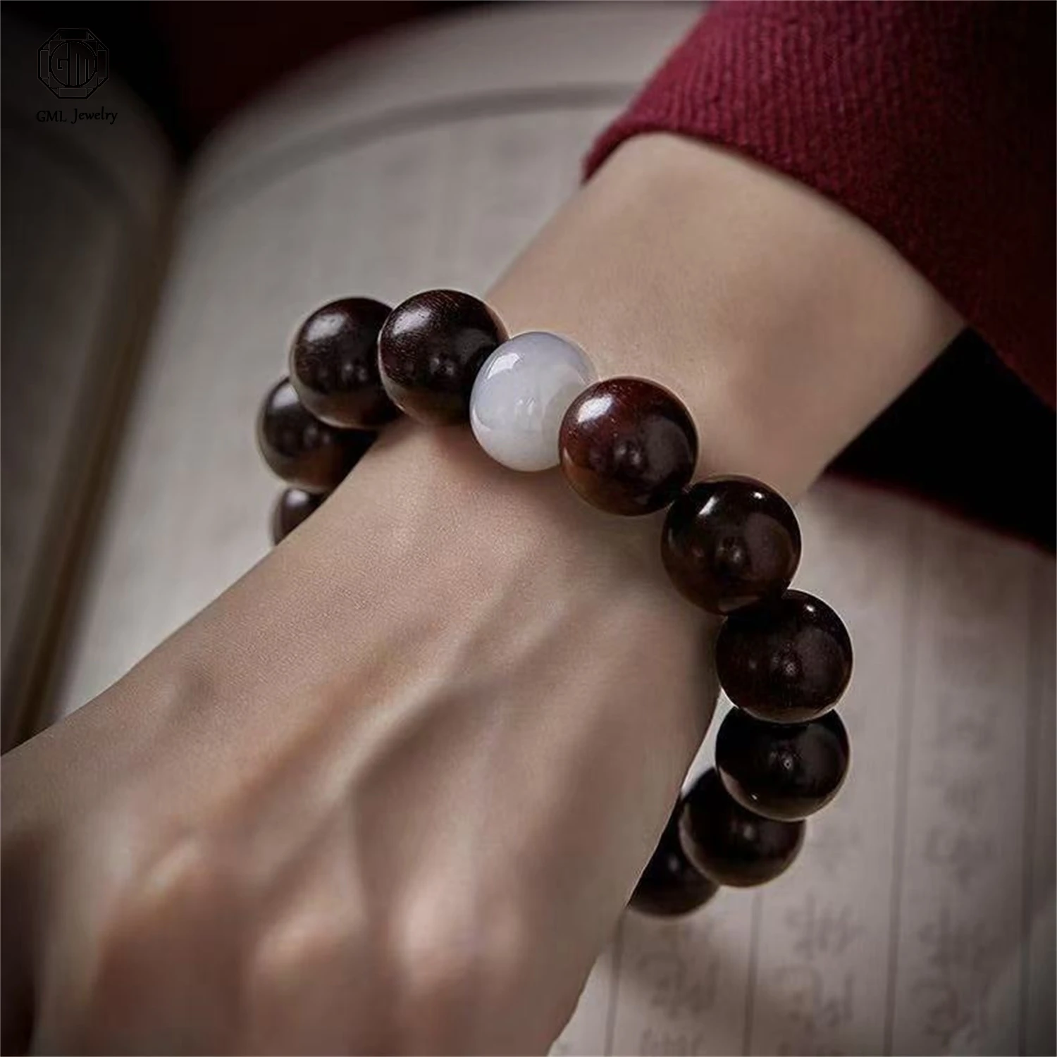 Red Sandalwood Beaded Bracelet Hetian Jade Style Pixiu Wealth Attract Unisex Men Father Boyfriend Birthday Spiritual Jewelry