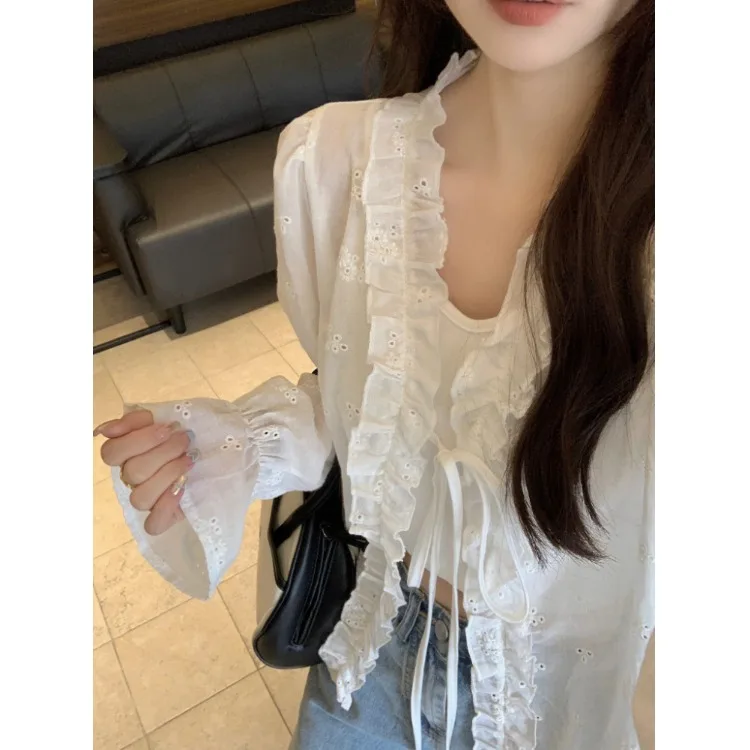 

White Set Earlet Lace Tie Sun Protection Shirt Cardigan Strap Vest Fashionable Two-Piece Women's Spring Collection