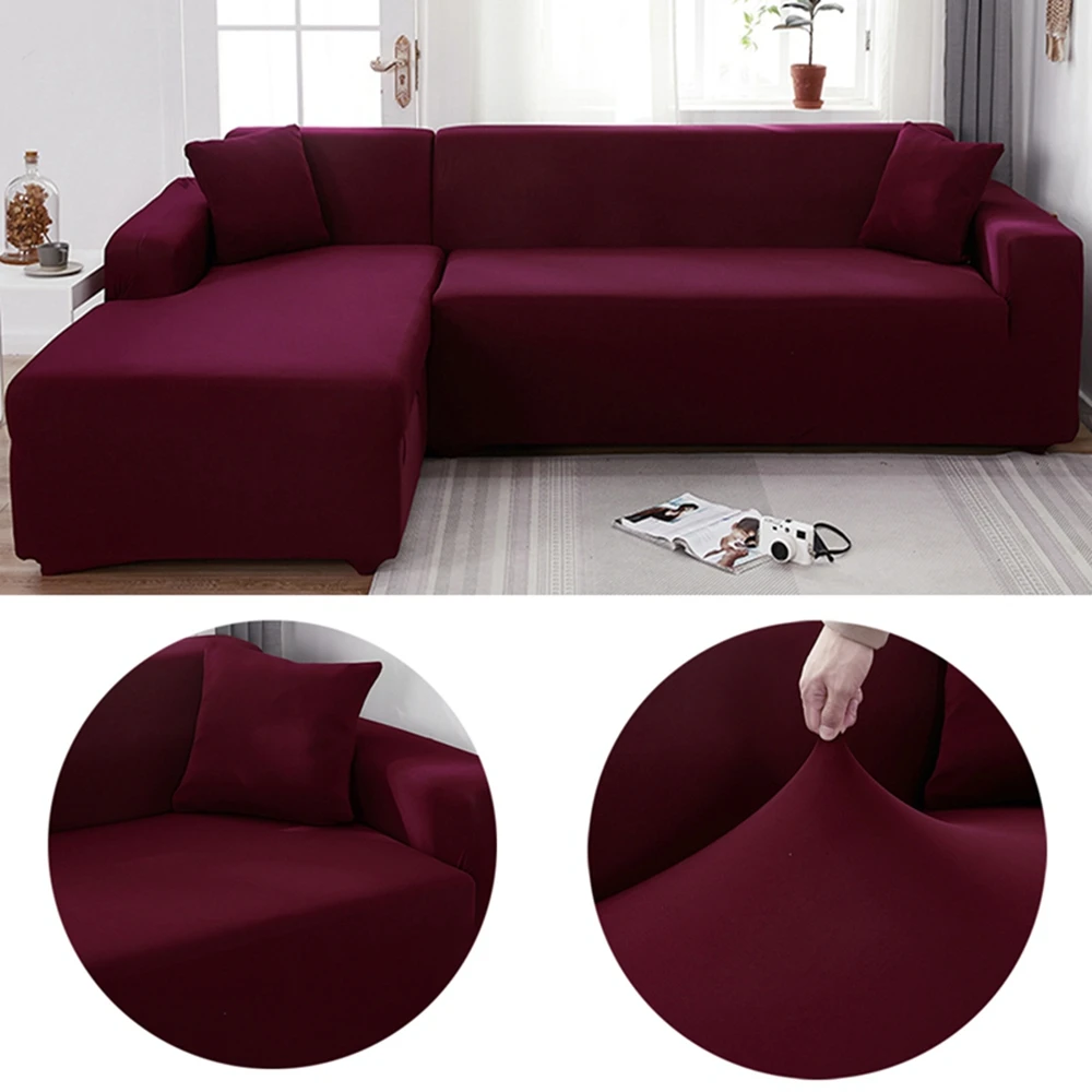 Red Wine Solid Color L Shape Protection Chaise Longue Covers Elastic Corner Sectional Sofa Cover for Living Room 2 3 4 Place