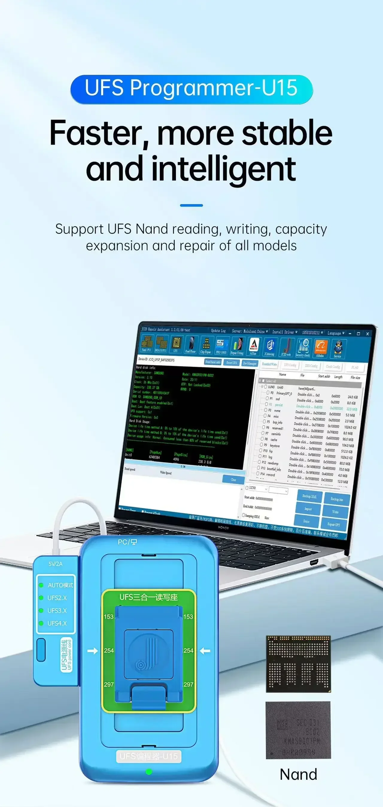 Программатор JCID U15 UFS BGA153 BGA254 BGA297, восстановление расширения для чтения и записи UFS2.X 3.X 4.X, инструмент для ремонта чипов серии NAND