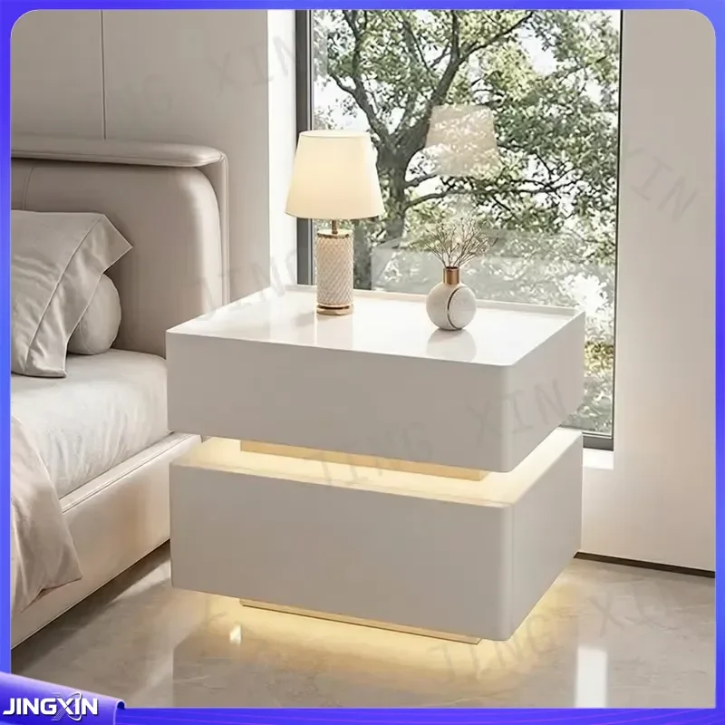 custom for Elegant Smart Nightstand Italian Solid Wood Bedside Table with LED Light Storage Unique Night Stand for Master